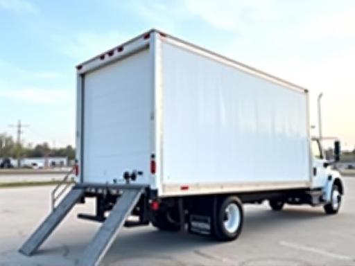 Side view of a clean 16 foot box truck with loading ramp extended